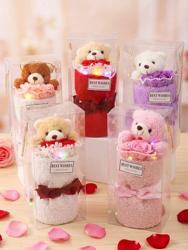 Fuzzy Bear Rose Bouquet LED Gift Box - 6 Pcs for wholesale by Cap Zone