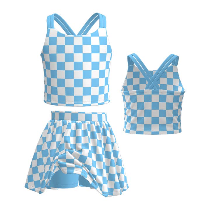 Auraquise - Wholesale Top & Skirt Set - Kids - Girls Summer Muti-Colors Plaid Athletic Skirt Set3