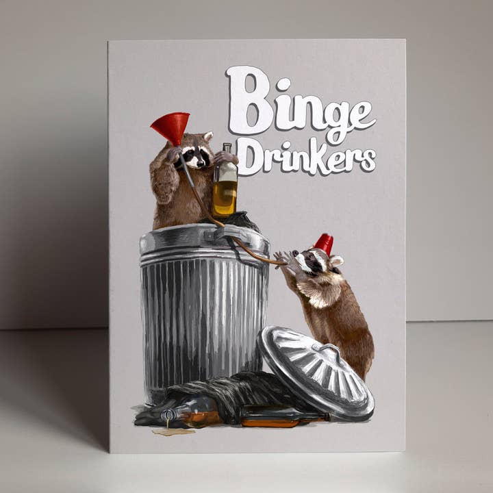 Funny Drunk Racoon Birthday Card - Binge Drinkers for wholesale by Fasanian Artistry
