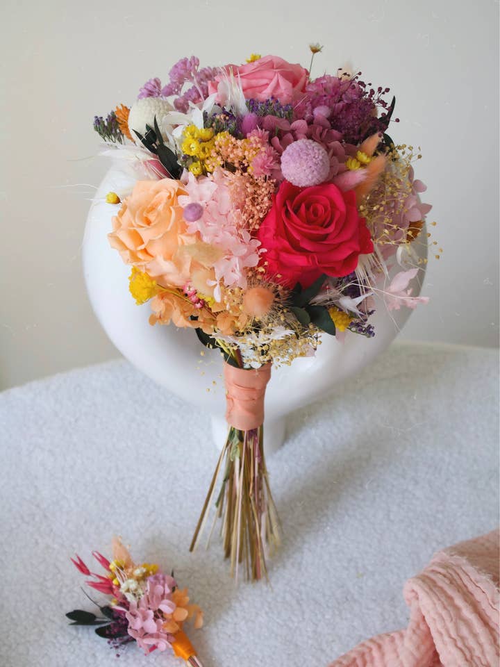 Bridal bouquet of dried flowers and roses, vintage style, bride for wholesale by Flower Studio