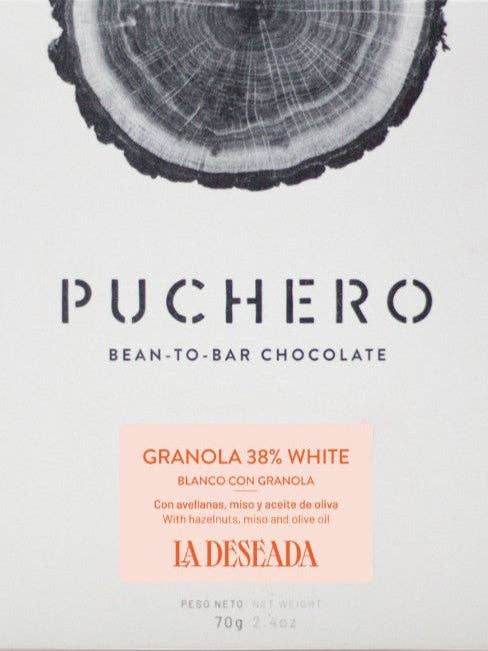 Puchero Vegan White Chocolate with Hazelnuts, Miso & Granola for wholesale by Cocoa Store