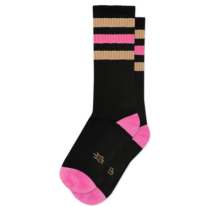 Judy Black Retro Gym Crew SocksJane Black Retro Gym Crew Socks Pink Taupe Stripes for wholesale by Gumball Poodle