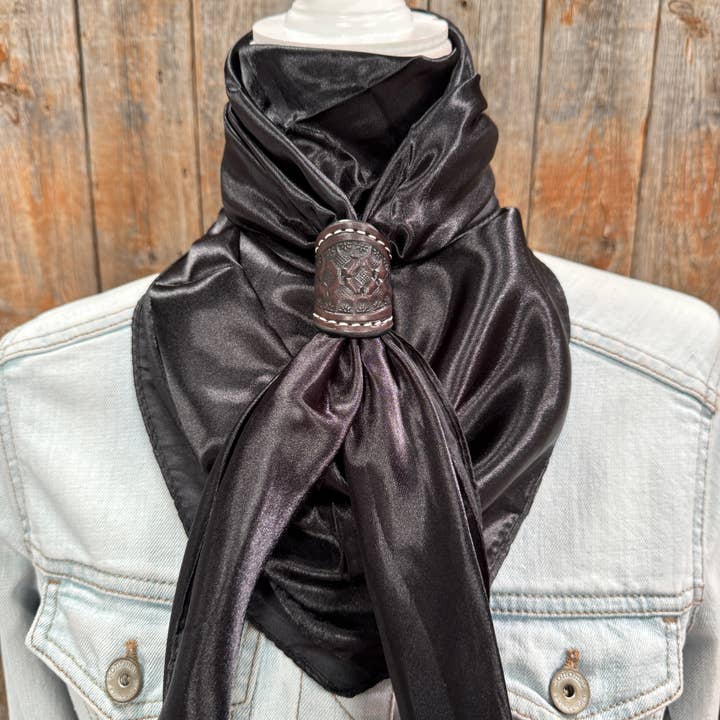 Rodeo Drive - Wholesale Scarf - Unisex - 35X35" Solid Black Wild Rag / Scarf - Tooled Leather Wild Rag Slides - Assorted