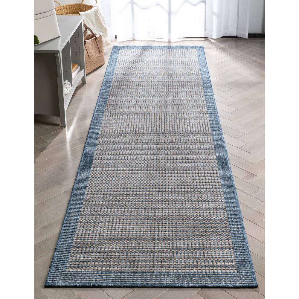 Well Woven - Wholesale Area Rug - Odin Solid & Striped Border Indoor Outdoor Blue Flatweave11