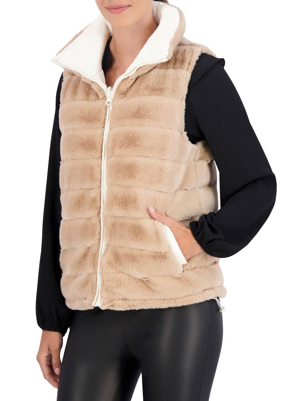 Ivory Carbon Puffer Vest Reversible to Grooved Faux Fur for wholesale on Faire9