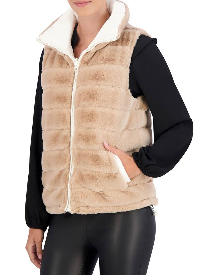 Ivory Carbon Puffer Vest Reversible to Grooved Faux Fur for wholesale on Faire9