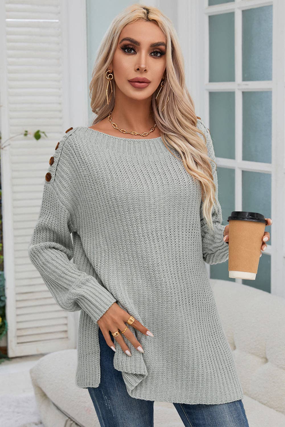 Gray Solid Buttoned Drop Shoulder Sweater for wholesale on Faire4