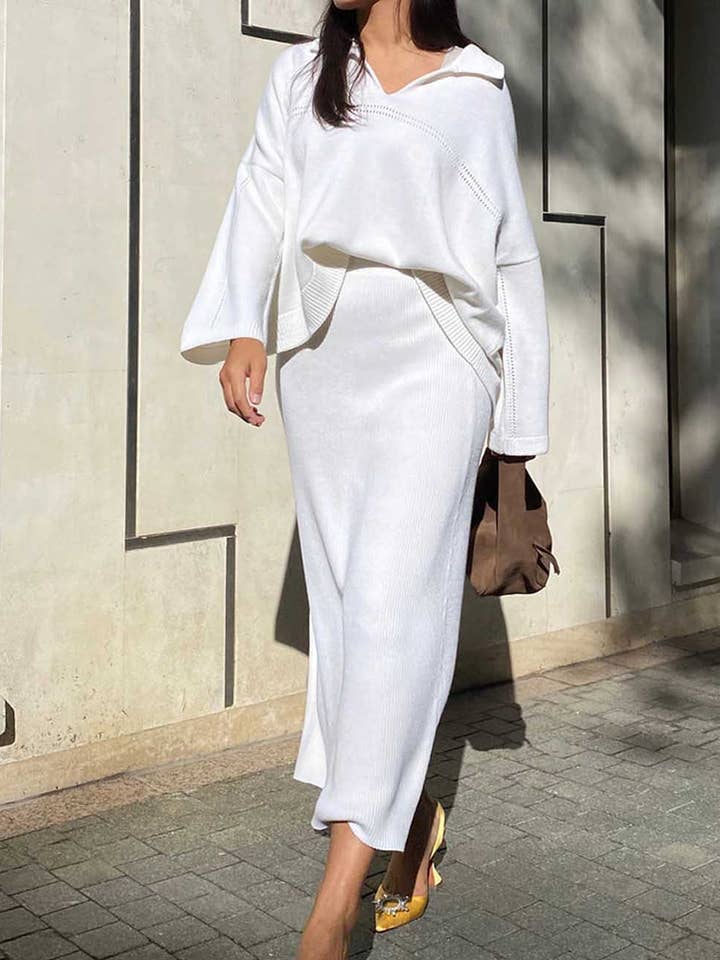 2 st Trendigt Stickat V-ringat Tröja Maxi Kjol Set DP25G544 för wholesale av Dipped Shop