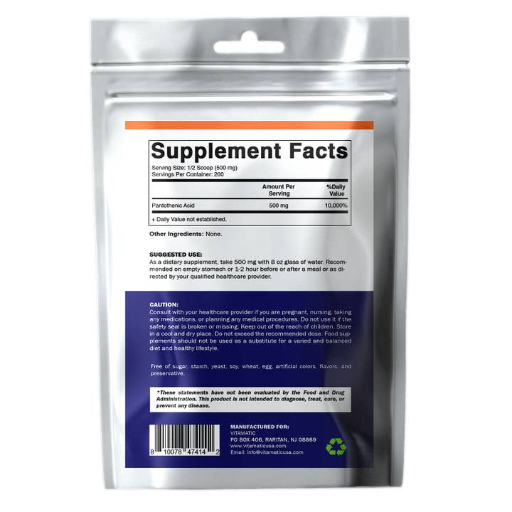 Vitamatic - Wholesale Oral Supplement/Vitamin - Vitamatic | Pantothenic Acid vitamin B5 | 500mg per Serving