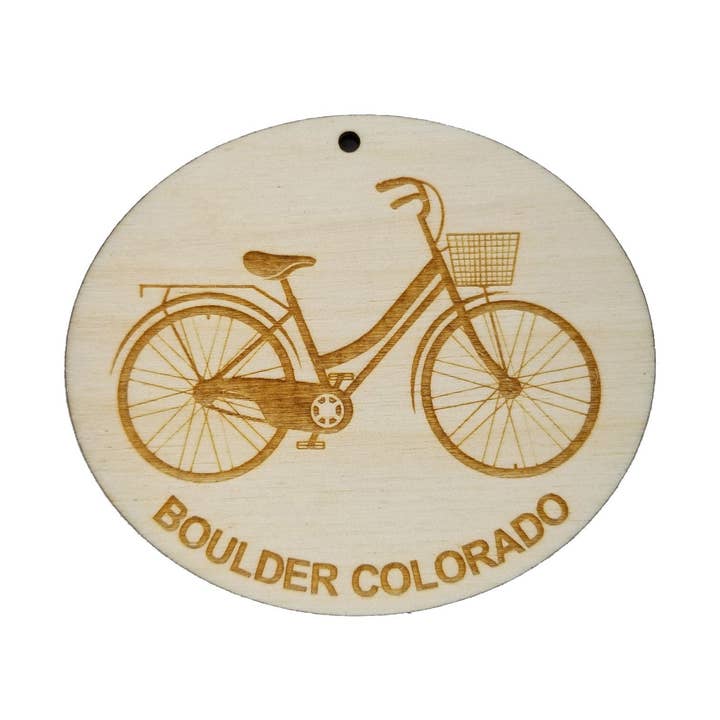 Boulder Colorado Ornament - Womens Bike or Bicycle - Handmade Wood Ornament Made in USA Christmas Decor for wholesale by Happy Wood Products