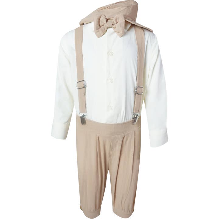 Boys Little Gentleman Ring Bearer Vintage Knicker Suit Suspender Bowtie Hat Knickerbocker Outfit Beige/Khakhi for wholesale by Angeline Kids
