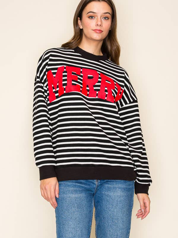 Tres Bien, Inc - Wholesale T-Shirt (Graphic) - Women's - "MERRY" STRIPE L/S GRAPHIC SWEATSHIRT
