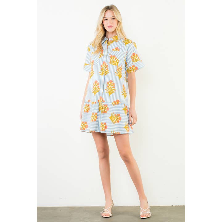 Short Sleeve Striped Floral Pattern Dress for wholesale by THML