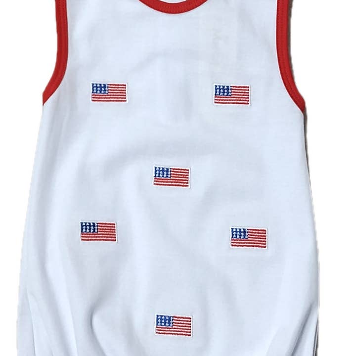 Star Spangled Banner Flags all over boy's romper for wholesale by Marco and Lizzy