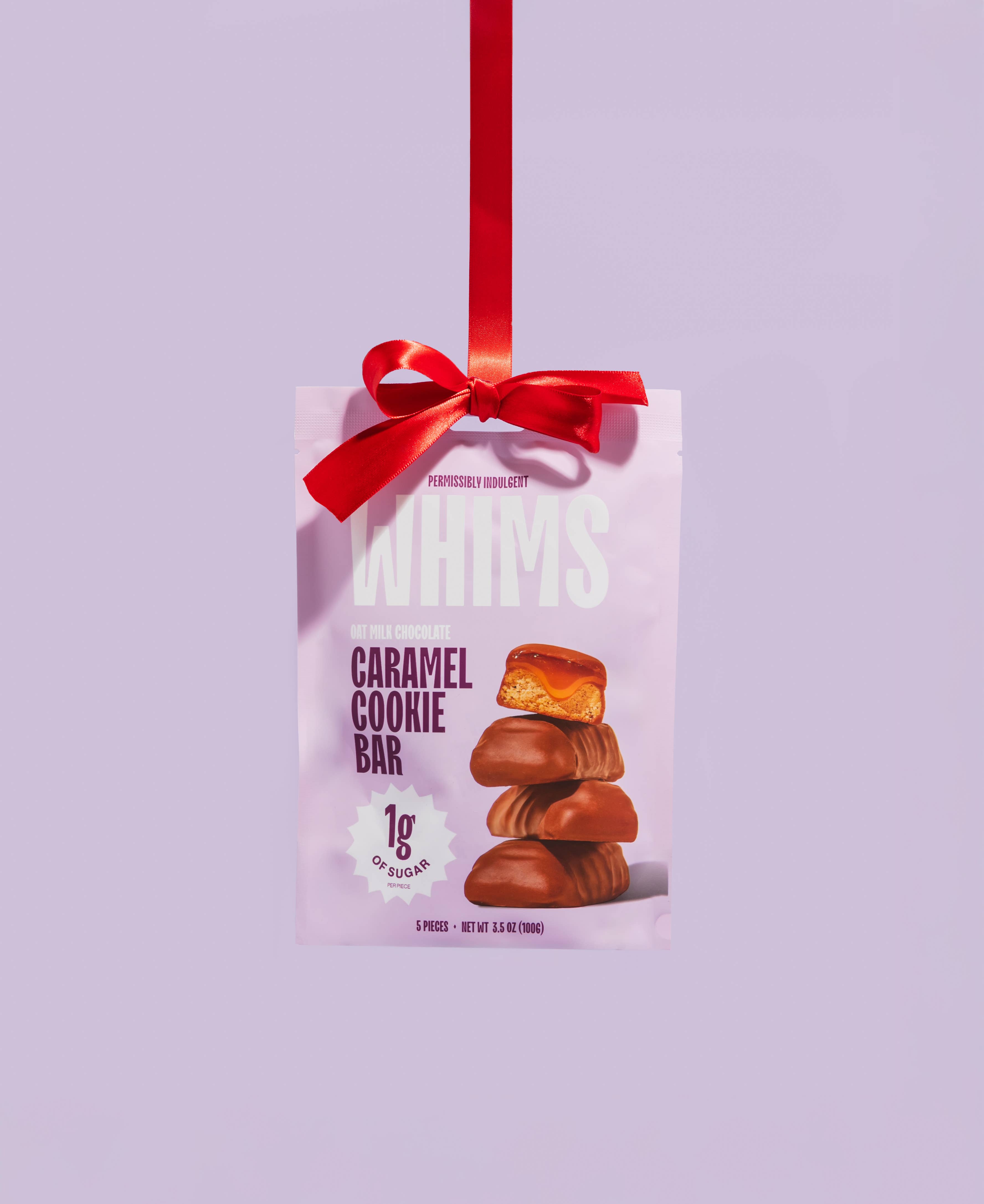 Whims Delights Inc. - Wholesale Chocolate Covered Sweets - Oat Milk Chocolate Caramel Cookie Bar - Pouch1