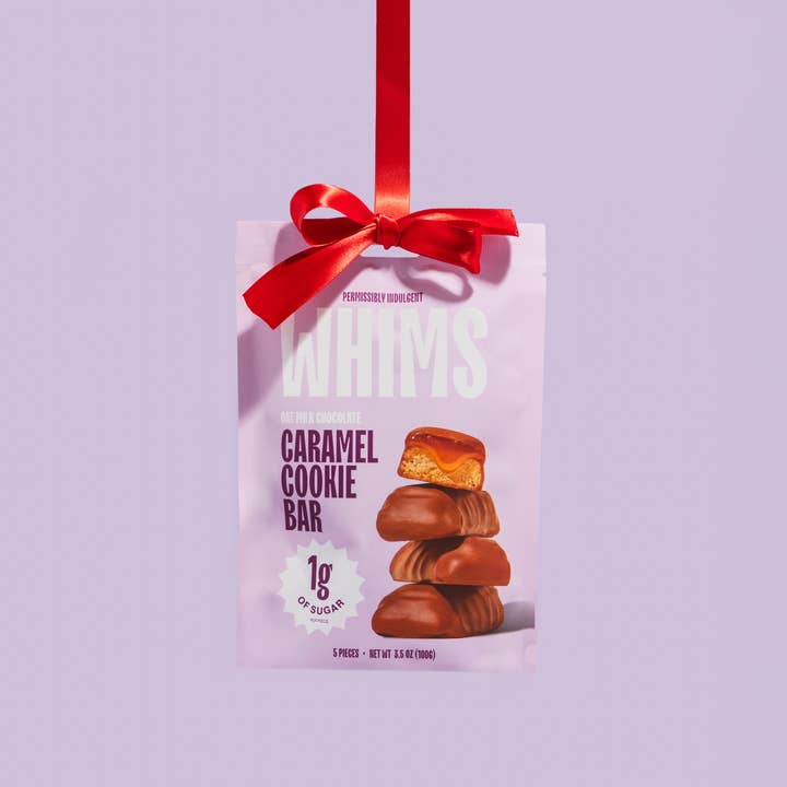 Whims Delights Inc. - Wholesale Chocolate Covered Sweets - Oat Milk Chocolate Caramel Cookie Bar - Pouch1