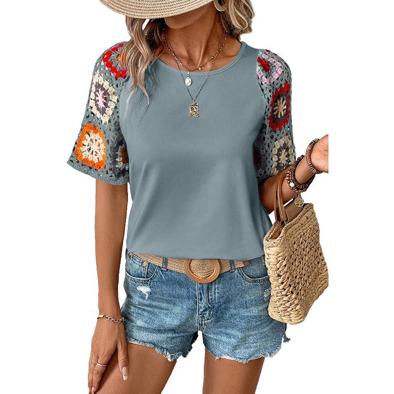 Lovesoft - Vendita all'ingrosso Top in maglia - Donna - Top casual girocollo a maniche corte con ricamo floreale8