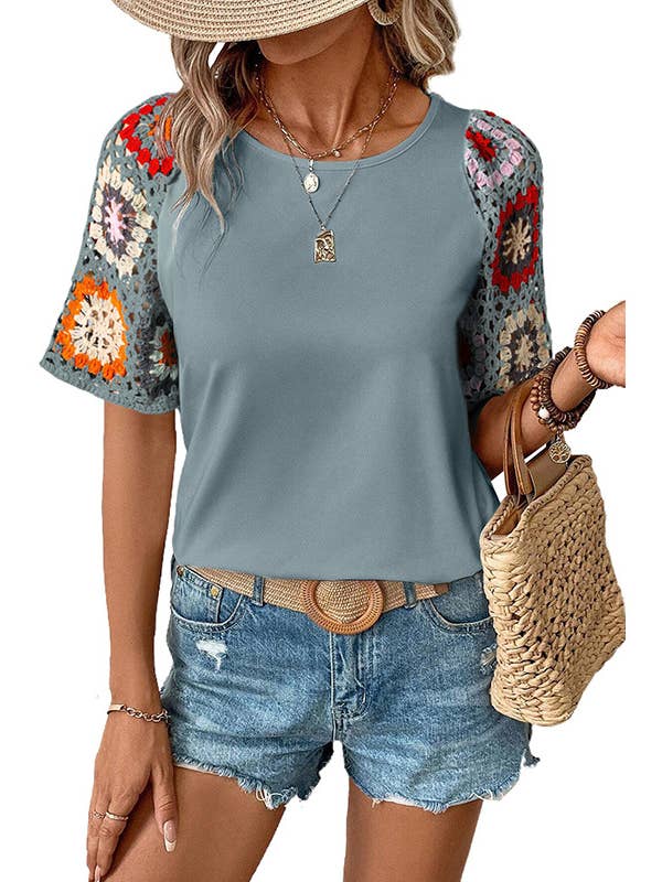 Lovesoft - Vendita all'ingrosso Top in maglia - Donna - Top casual girocollo a maniche corte con ricamo floreale8