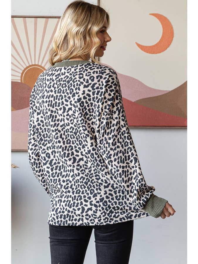 7th Ray - Wholesale Knit Top - Women's - Rib Animal Print Drop Shoulder V Seam Long Sleeve Top T5817