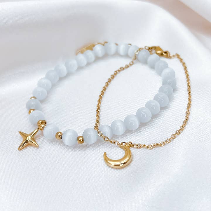 'Aurora' guld dobbeltlag stjerne og måne Opal Beaded armbånd for engroshandel hos Luluh Lane