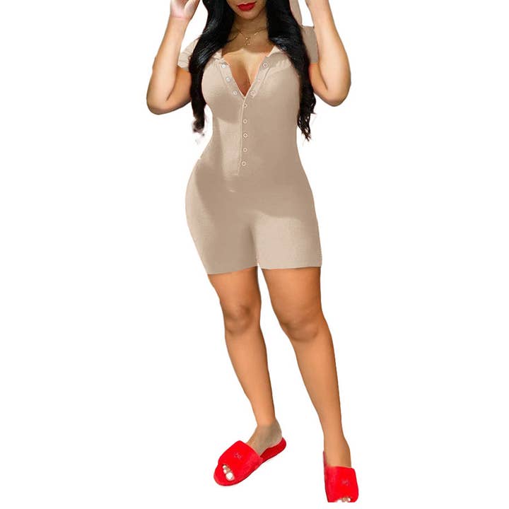 MB Fashion Wholesale - Wholesale Romper - Women's - MB FASHION Hooded Short Sleeve Button-Up Jumpsuit 5224T