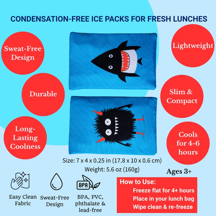 Yumbox - Wholesale Ice pack – Kids & baby - Gel Ice Packs in Fabric Sleeves 2-Pack - Monster & Shark2