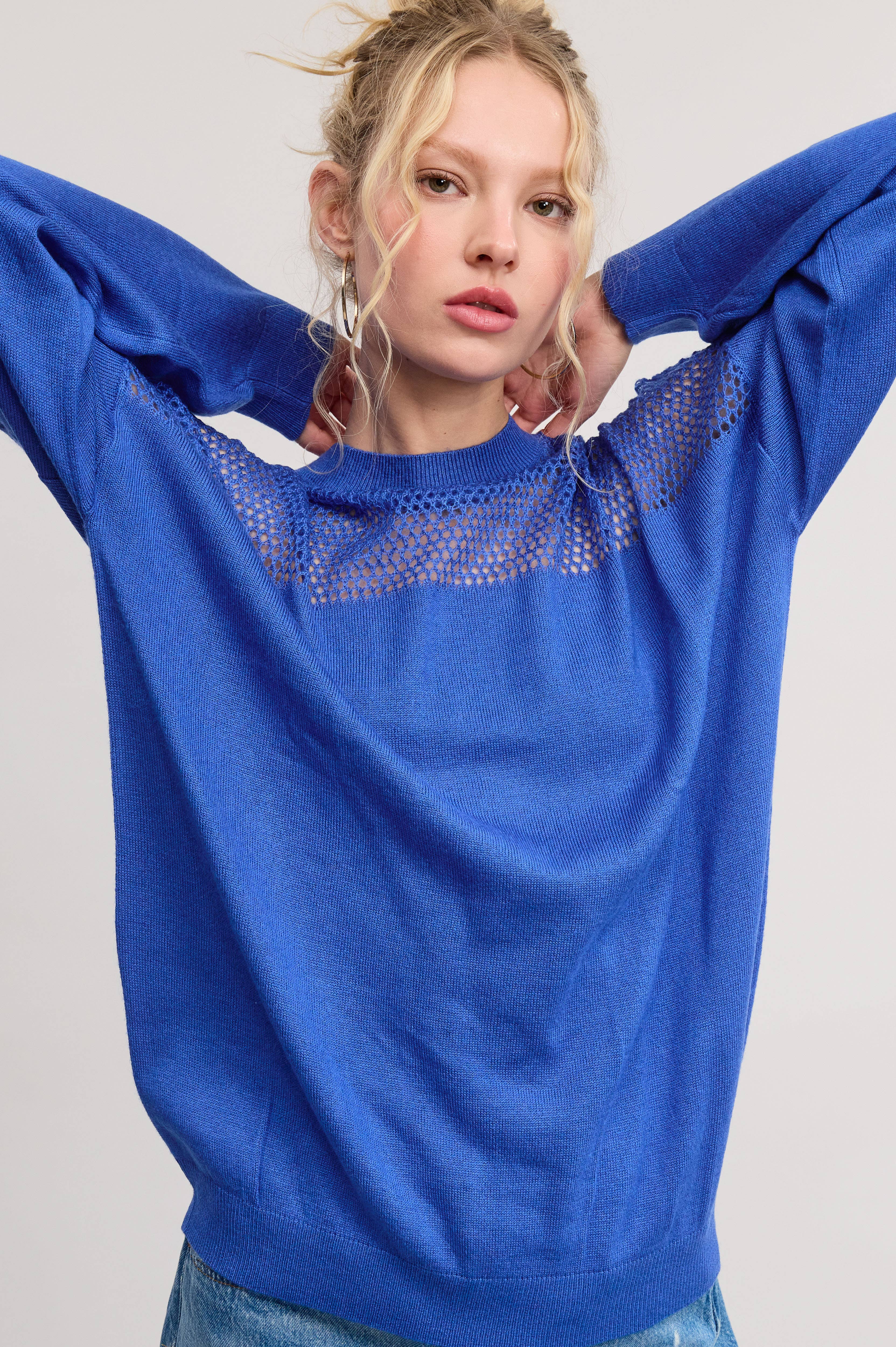 Mimosa - Wholesale Knit Sweater - Women's - Crochet Mesh Long Sleeve Knit Sweater5