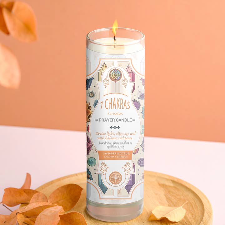 Designs by Deekay Inc. - Wholesale Pillar Candle - 7 Chakras Prayer Candle 8" (9.5 oz)1