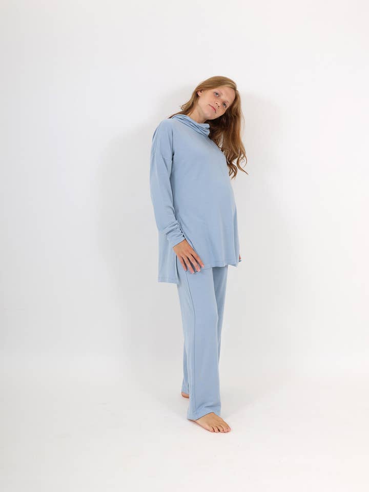 RUBY || MODAL SPANDEX MATERNITY LOUNGEWEAR LONG SLEEVE COWL TOP || BLUE FOG for wholesale by RASKANA