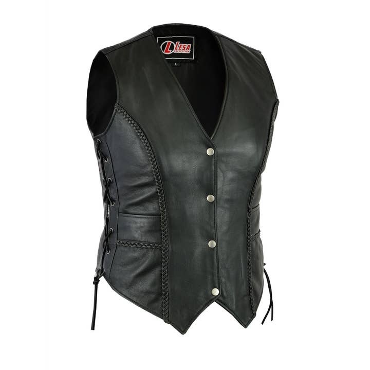Ladies Real Leather Laced Up Motorcycle Biker Waistcoat for wholesale by Lesa collection