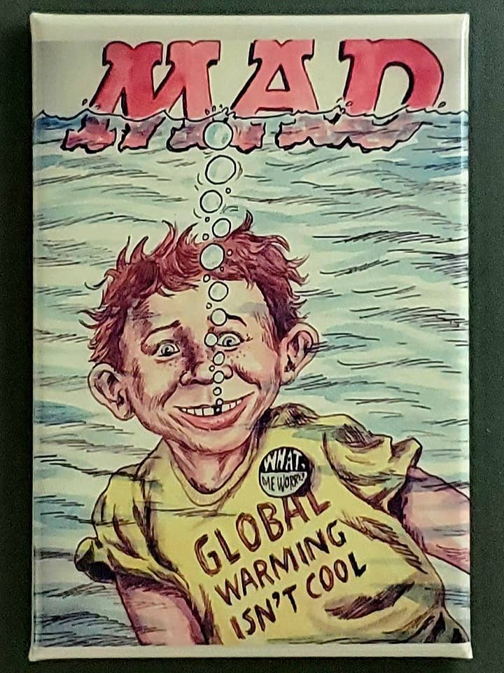 MAD MAGAZINE, magnete, pulsante, specchio, RISCALDAMENTO GLOBALE per la vendita all'ingrosso da parte di Ba Ba Buttons