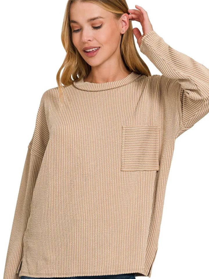 Zenana Long Sleeve Drop Shoulder Rib Top for wholesale by Garden Naked
