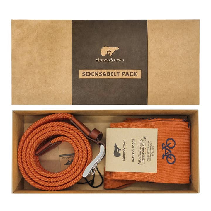 Gift Box belt Ronnie and Rusted Orange socks for wholesale by Slopes&Town