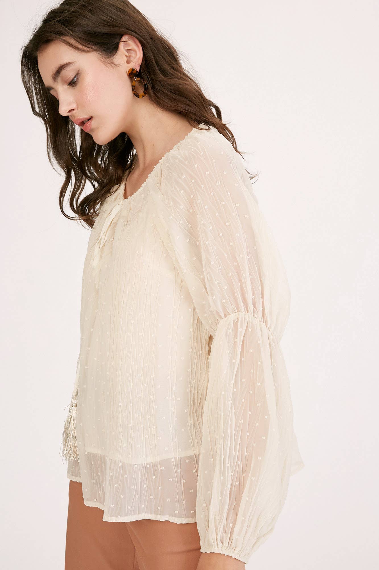 Champagne Swiss Dot Tassel Tie Blouse LT1016 for wholesale on Faire6