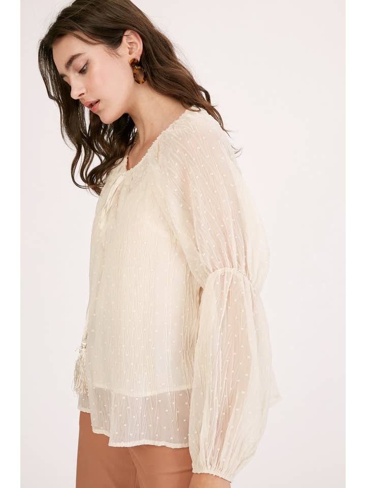 Champagne Swiss Dot Tassel Tie Blouse LT1016 for wholesale on Faire6