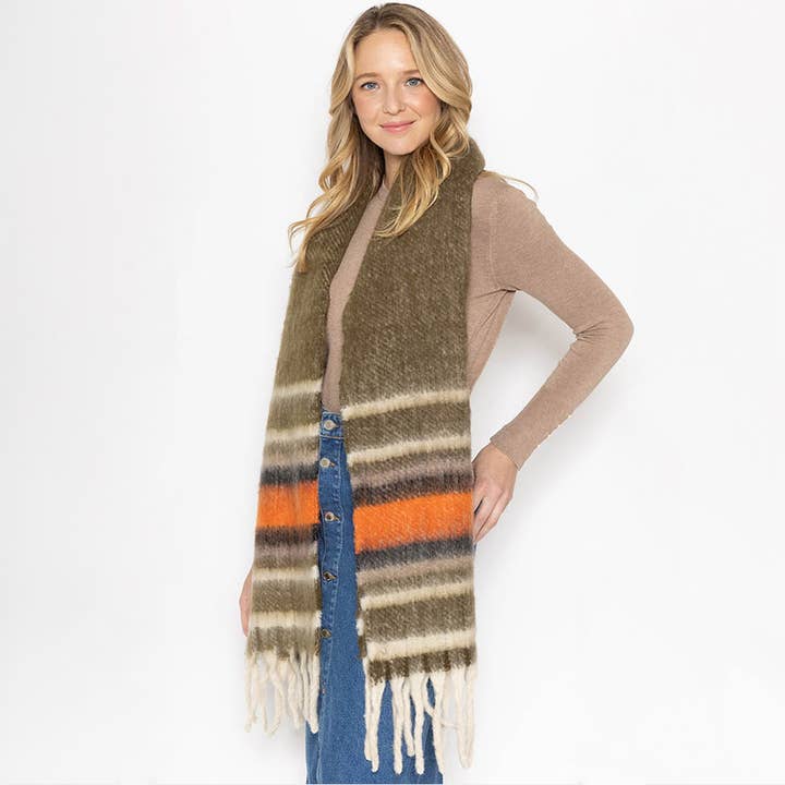 Wona Trading, Inc. - Wholesale Scarf - Women's - Multi Stripe Cozy Scarf with Fringe