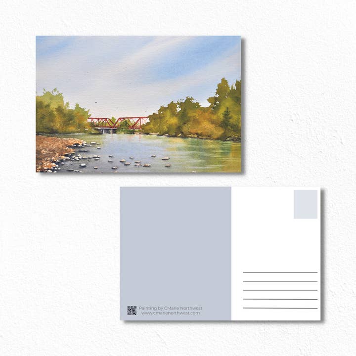 Cartão postal de aquarela de ponte sobre a água, cartão postal de paisagem por atacado de CMarie Northwest