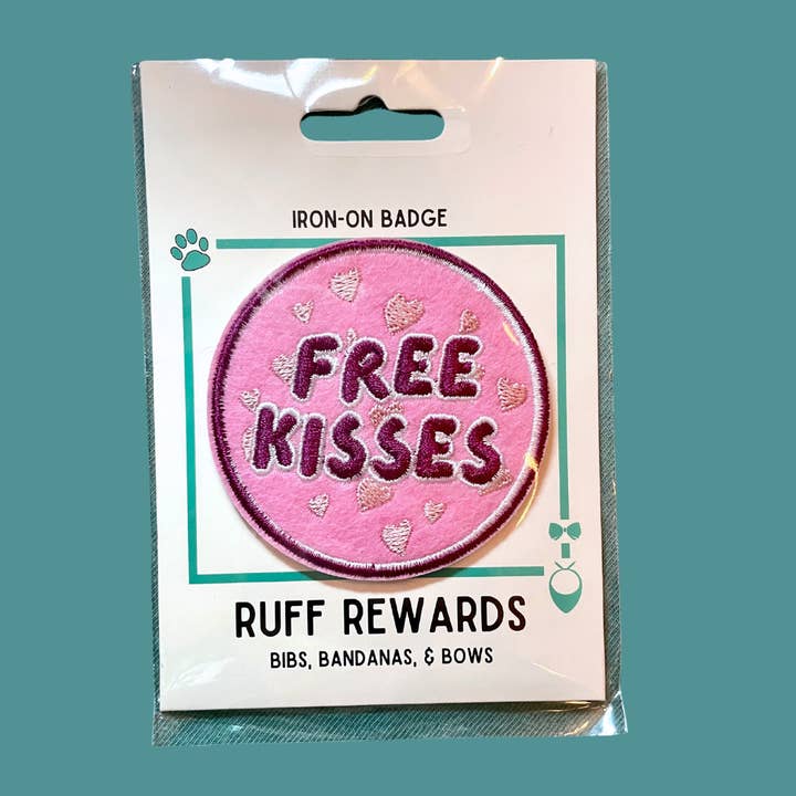 Ruff Rewards Free Kisses Iron-On Badge for wholesale by Bibs, Bandanas, & Bows