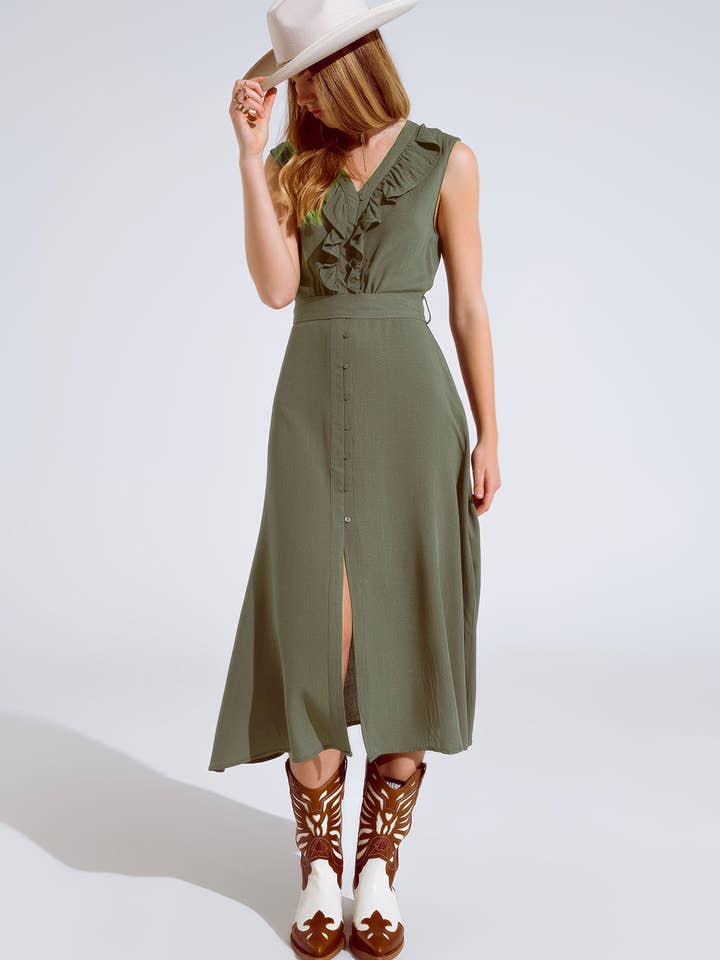 Green Maxi dress in khaki with ruffle and button detail for wholesale on Faire4