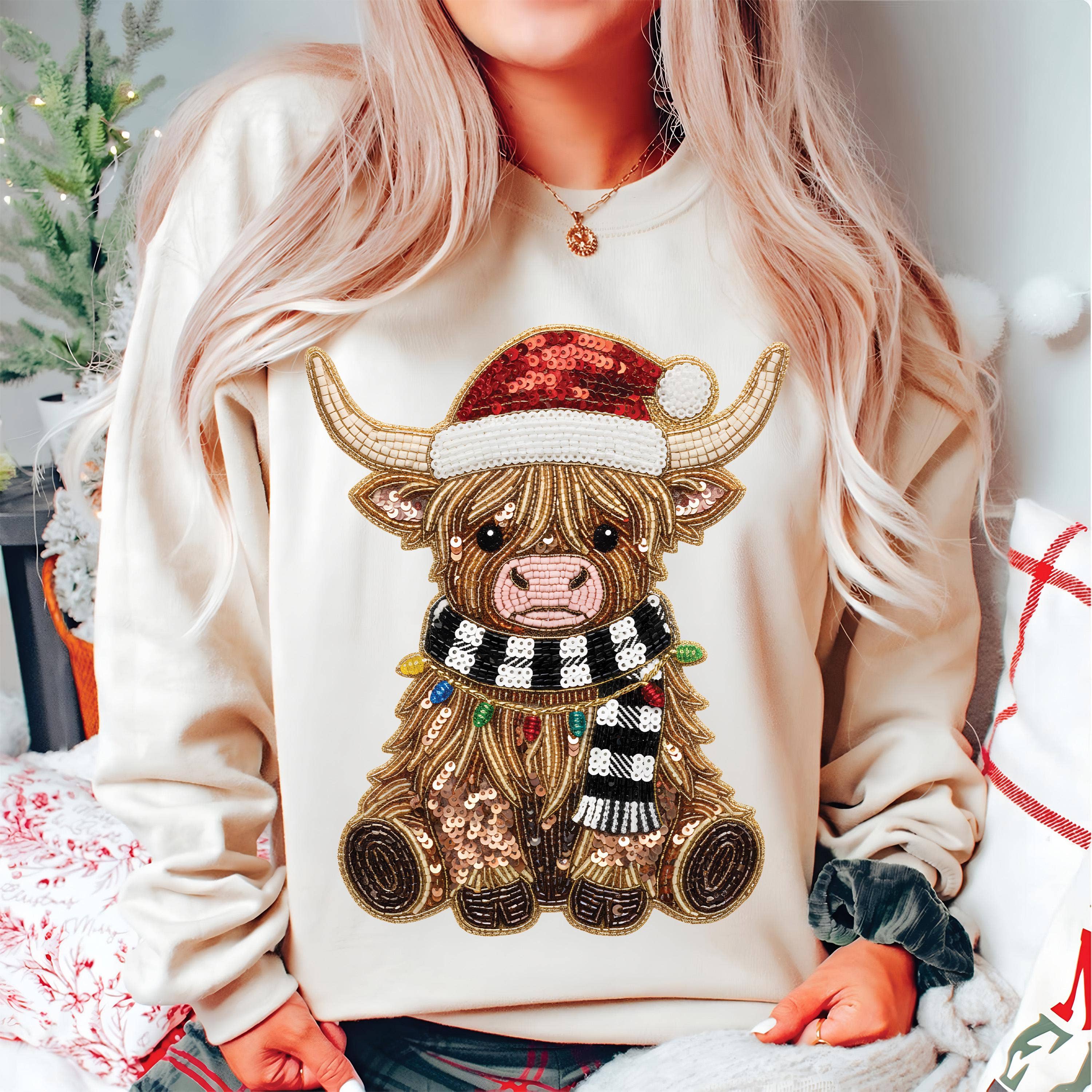 NVC Ecommerce LLC - Wholesale T-Shirt (Graphic) - Women's - Highland Cow Christmas Shirt, Sequin Santa Hat Sweatshirt0
