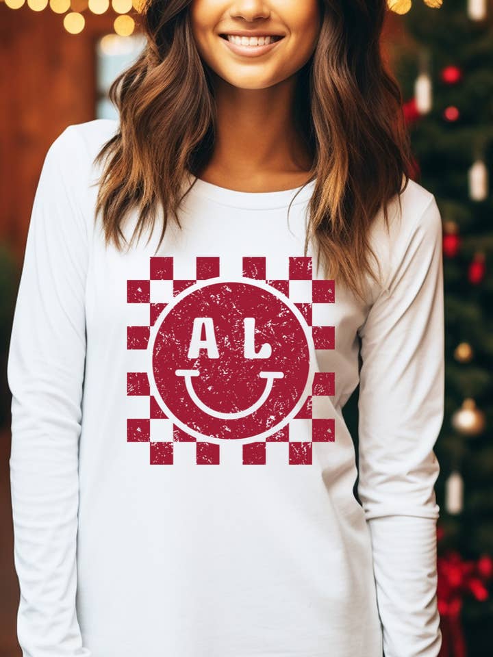 Alabama Checkered Smiley Adult Long Sleeve Tee for wholesale by Uncommon Label