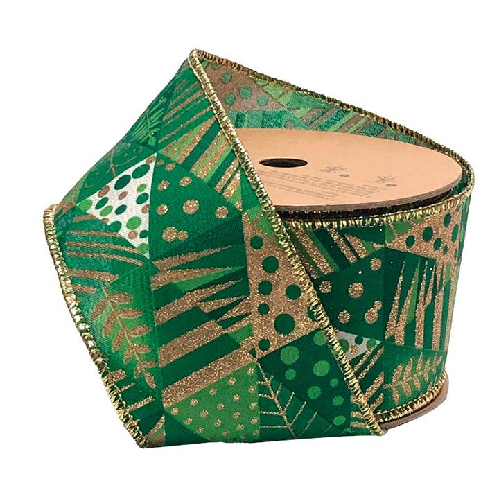 2 1/2" Trådbånd | "Geometriske Træer" Guld/Grøn Multi | 10 Yard Rulle for engroshandel hos LA Ribbons Wholesale