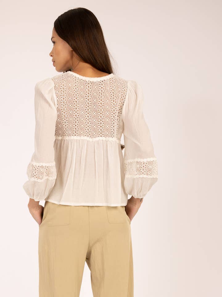 White EYELET TRIM BLOUSE for wholesale on Faire