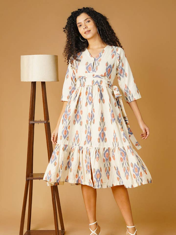 Ikat Cotton Cream Midi Dress for wholesale by INDOPHILIA