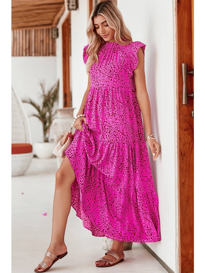 Rose Red Leopard Ruffle Tiered Maxi Dress for wholesale on Faire