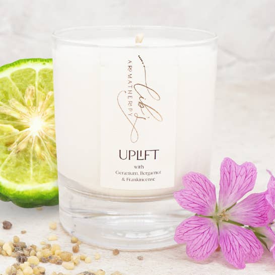 Uplift with Geranium, Bergamot & Frankincense Soy Candle for wholesale by Lib's Aromatherapy