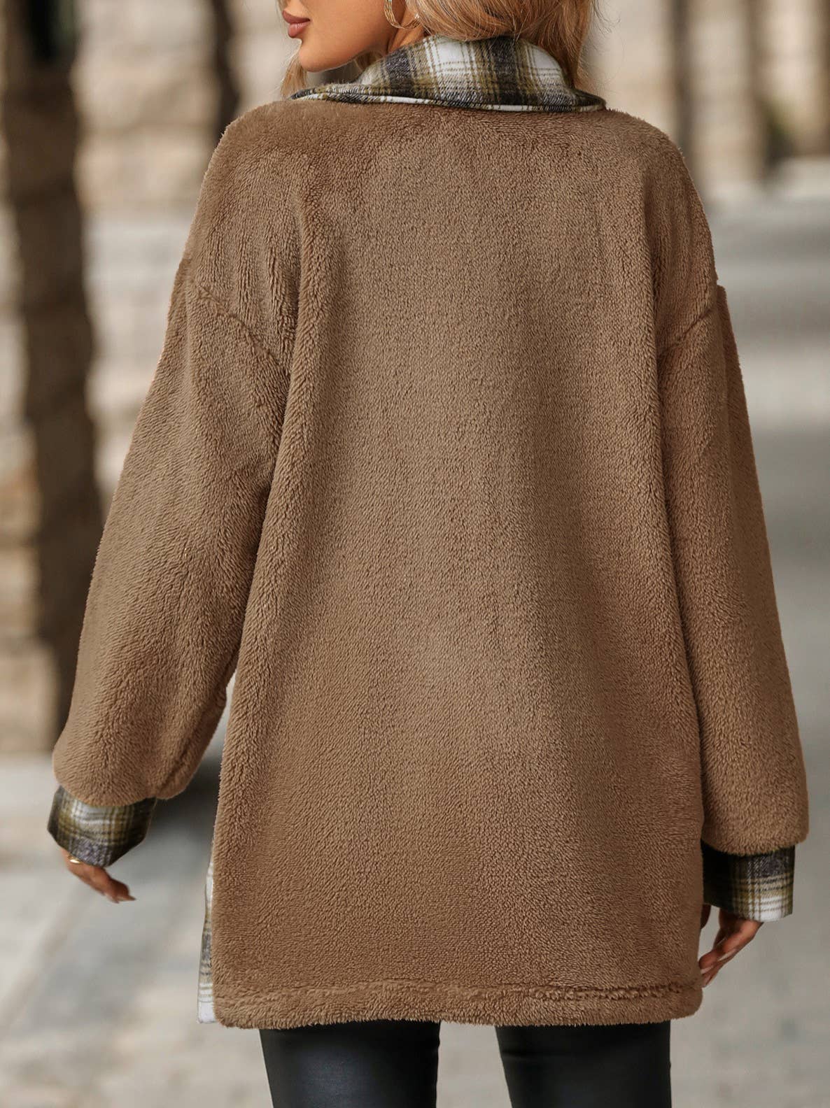 Rosa Clothing - Wholesale Fur/Faux Fur Coat - Women's - Single-Breasted Lapel Plaid Midi Plush Coat1