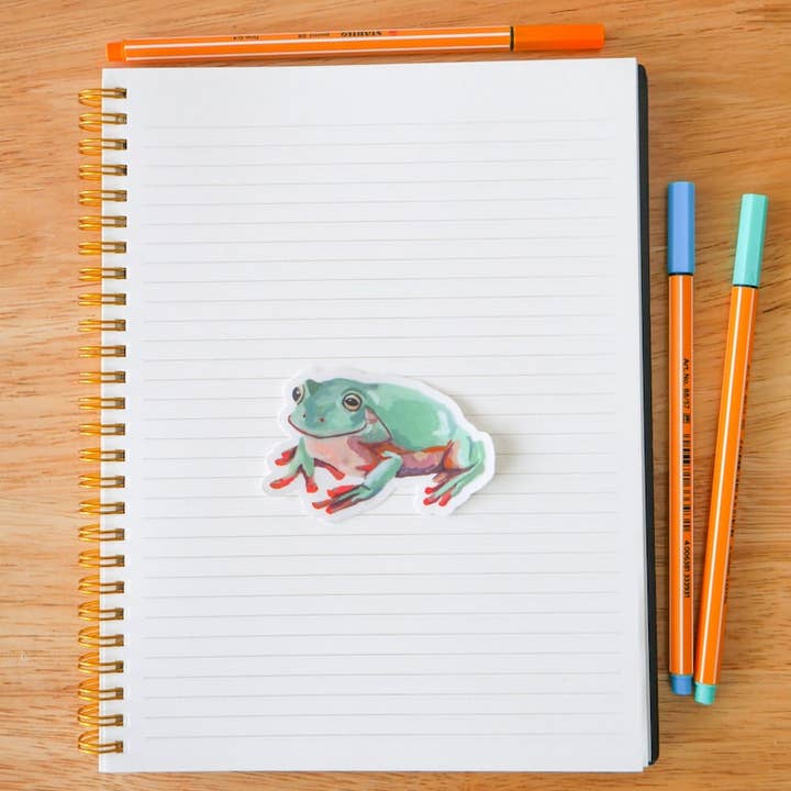 tree frog watercolor vinyl sticker 3x2" - weatherproof decal - white's tree frog transparent sticker - dumpy tree frog clear sticker for wholesale by Stephanie Missan Studio