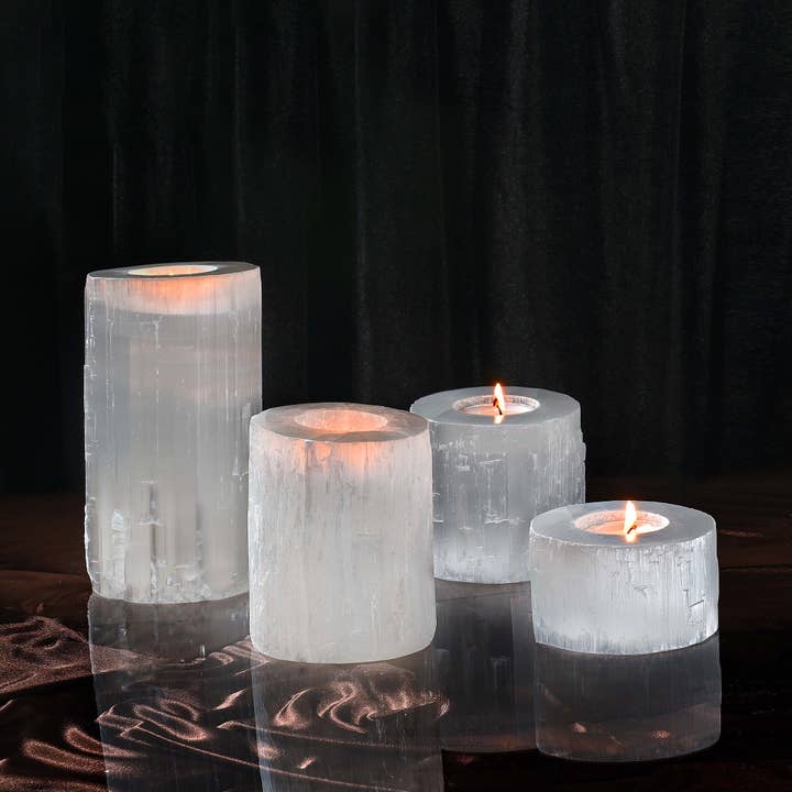Yemma Goods - Venta al por mayor Candelabros - Portavelas de té de cristal de selenita marroquí natural hecho a mano