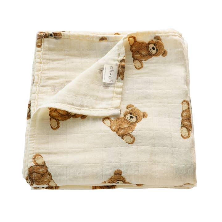 Ali+Oli - Wholesale Swaddle - Baby - Bamboo Muslin Swaddle Blanket (Teddy Bear)